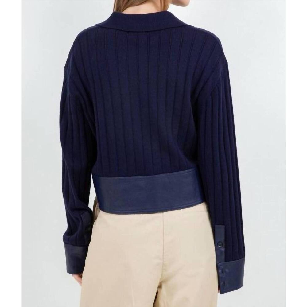 NEW WHITEROOM+CACTUS faux leather knitted long sleeve sweater in navy - Picture 2 of 5